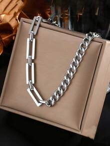 2pcs/Set European & American Fashion Metal Stainless Steel Minimalist High-End Thick Chain Necklace & Bracelet Jewelry Set, Suitable For Street & Everyday Wear - silver - View 16