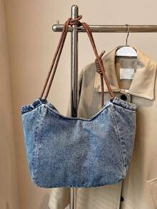 Fashionable Retro Popular Shoulder Bag, Simple Solid Color Large Capacity Casual Multifunctional Tote Bag, Niche Design Daily Generous Armpit Bag, Suitable For Shopping, Daily Outings, Gatherings, Commuting - Blue - View 12