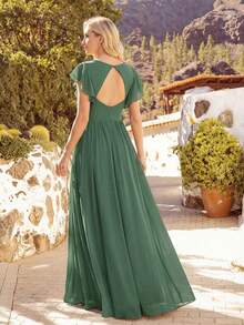 EVERPRETTY 春季短袖褶皱V领垂褶不对称雪纺绿色伴娘礼服，适合婚礼、生日派对、情人节等场合 - 橄欖綠 - 查看 5