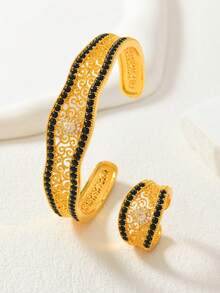 2pcs Middle Eastern Ramadan Copper Gold/Silver Filigree Hollow Bangle & Ring Jewelry Set, Best Gift For Family And Friends - Silver - View 1