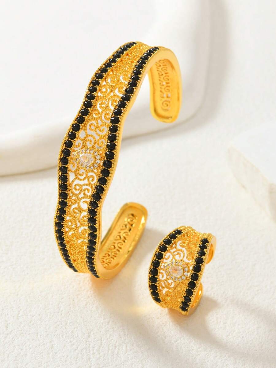 2pcs Middle Eastern Ramadan Copper Gold/Silver Filigree Hollow Bangle & Ring Jewelry Set, Best Gift For Family And Friends - Silver - View 1