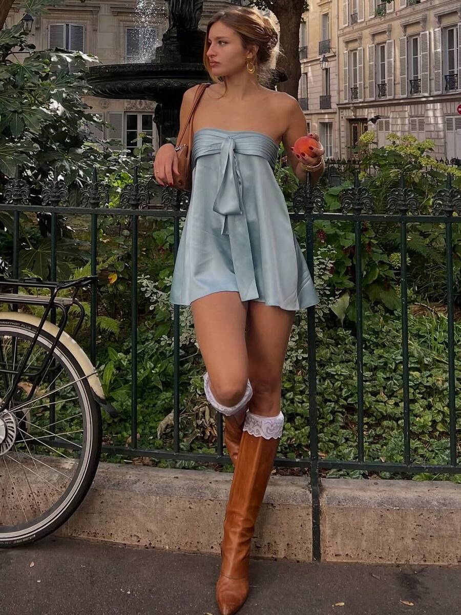 Vestidos Elegantes De Mujer Club Outfits For Women Dresses For Women Winter Dresses For Women Dresses For Women Party Dresses For Women Elegant Fashionable And Hot Girl Street Style Satin Strapless Solid Color Sleeveless Dress - 藍色 - 查看 1