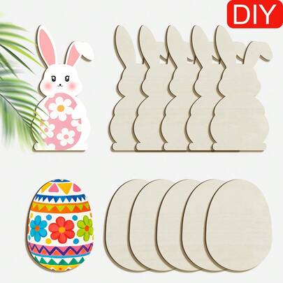 DIY Easter Wooden Craft Set, 5 Bunny & 5 Easter Egg Shaped Unfinished Wooden Sign, Paintable DIY Ornaments For Home Decor & Holiday Activity
