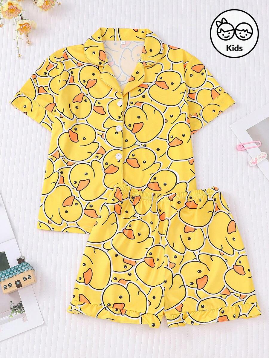 2pcs/Set Cute Duckling Allover Print Short Sleeve Pajama Set For Kids, Including Collared Shirt And Loose Elastic Waist Ruffle Hem Breathable Sleepwear, Suitable For Boys And Girls, Casual Outfit For Daily Wear, Party And Gathering - Yellow - View 1