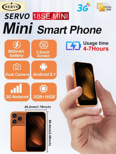 SERVO 18SEmini Smartphone, Dual SIM Dual Standby, Android 8.1, 3G WCDMA, RAM 2GB+ROM 16GB, WIFI, 3.0 Inch Display, Smart Mini Phone