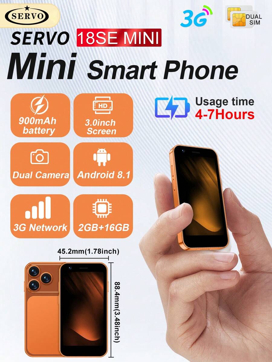 SERVO 18SEmini Smartphone, Dual SIM Dual Standby, Android 8.1, 3G WCDMA, RAM 2GB+ROM 16GB, WIFI, 3.0 Inch Display, Smart Mini Phone - Black - View 1