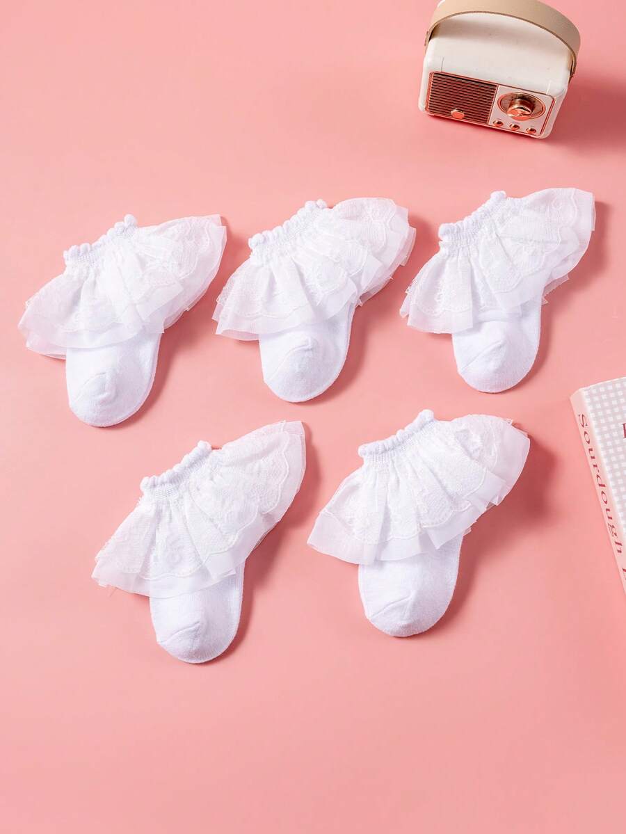 1/5 đôi tất cho bé gái, kiểu dáng công chúa dễ thương với ren xếp ly, chất liệu lưới thoáng khí, mềm mại và thoải mái, tất viền ren thời trang, thích hợp cho mặc hàng ngày, đi nghỉ lễ, dự tiệc, đi học. - trắng - Xem 1