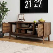 110cm TV Stand, Mid-Century Modern Style, Compatible With 32/45 Inch TVs, Multimedia Unit With Storage, Console For Living Room And Bedroom, Walnut - Brown - View 5