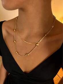 MECYLIFE 1pc Fashion Personalized Double-Layer Necklace, Oval Beads & Gold-Plated Snake Chain Necklace Suitable For Women - Gold - View 7