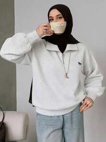 Livesso Women's Loose Fit Pullover Sweatshirt With Collar & Embroidery Pattern,Long Sleeve Tops,Fall Clothes - Grey - View 2