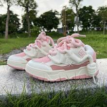 Preppy Style Cute Women Pink Curb Sneakers Thick Sole Lace-Up Lightweight Casual Shoes For School Girls - 粉色 - 查看 14