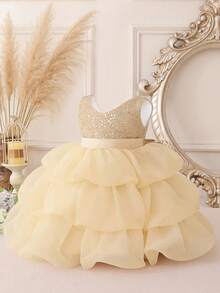 Champagne Sequin Elegant Princess Dress, Suitable For Party Occasions, Baby Girl - Champagne - View 4
