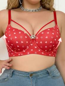 MIMILEMON Plus Size Red Heart Print Underwire Push Up Bra - Wide Straps & Cute Valentine's Style - Red - View 6