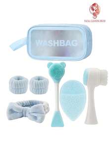 1/7/9件套洁面套装，深层清洁美容SPA面膜刷，花朵发夹，柔软发带，发带套装，温和去角质刷，硅胶双头刷，多功能便携式护肤工具（含洗脸袋），面部按摩及日常美容程序，旅行必备 - 藍色均碼 - 查看 12