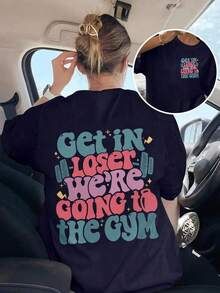 Shirt Women's "Loser, We're  To The Gym" Slogan Printed T-Shirt, Loose Casual White Round Neck Short Sleeve Top, Soft And Comfortable, Very Suitable For Daily Casual Wear |   Gym Enthusiasts |   Fitness WearLoose And Comfortable2026 Halftime Show Shirt - 藏蓝色 - 查看 11