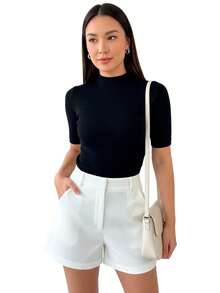 Kit 2 Women's Blouse High Neck Ribbed Premium 3/4 Sleeve Basic Elegant Comfortable Classic And Timeless Women's Fashion Ideal For Work Everyday Or Going Out Combines With Jeans Skirt Or Shorts Versatile Style Essential Piece That Enhances The Look With Comfort And Quality - 2 黑色 - 查看 5