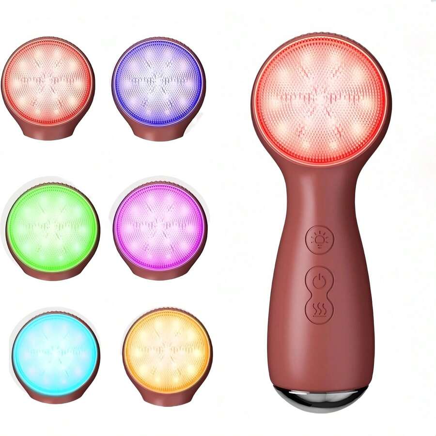 Facial Cleansing Brush Electric, Silicone Heated Face Scrubber With 7 LED Lights, Rechargeable Vibration Exfoliating Cleanser For Deep Cleaning & Gentle Massage, Skin Care Tool, Ideal Gift (Brown) - Brown - View 1