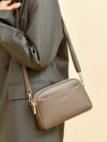 Nuevo bolso de moda de unicolor de material impermeable de PU, diseño con decoración de letras, bolso cuadrado de múltiples compartimentos, bolso de hombro con estilo retro elegante, bolso de mano elegante, bolso para ir al trabajo, adecuado para compras, ir al trabajo y regalos de vacaciones - Gris - Ver 2