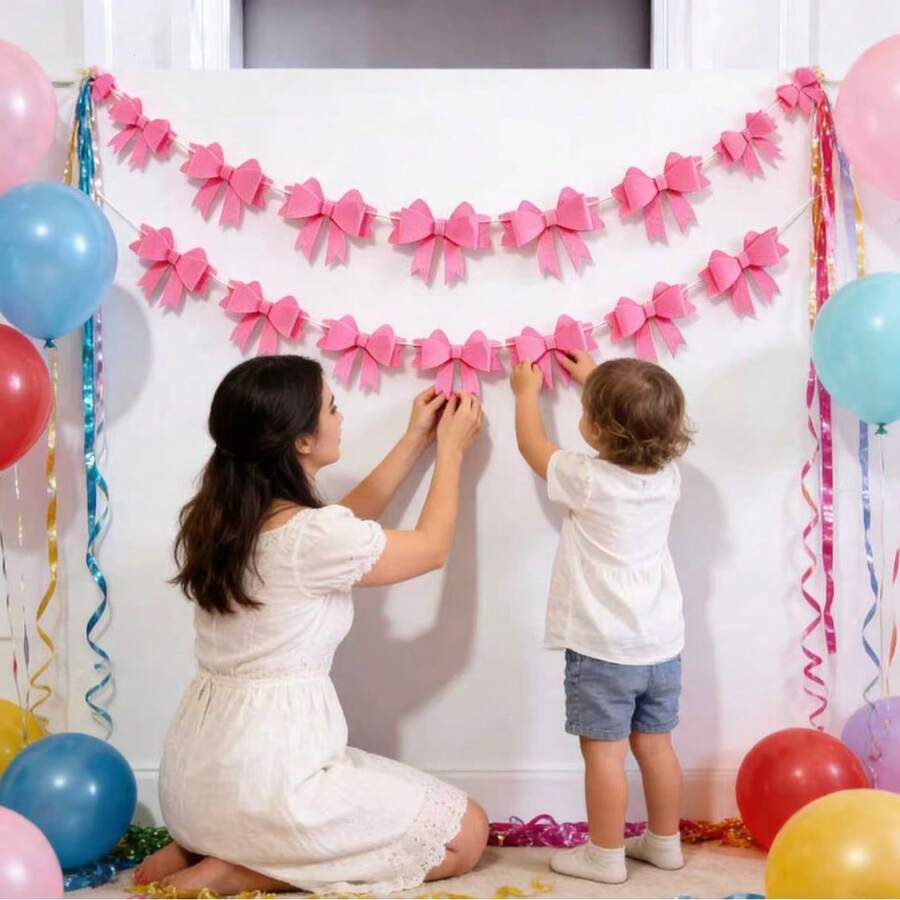 1件3D粉红色渐变蝴蝶结花环，手工毛毡悬挂装饰横幅，耐用可重复使用，易于悬挂，浪漫可爱节日用品，适用于情人节、女孩生日、公主主题派对、婚礼、新娘送礼会、家居室内节日派对装饰，吸睛拍照背景道具 - 彩色 - 查看 1