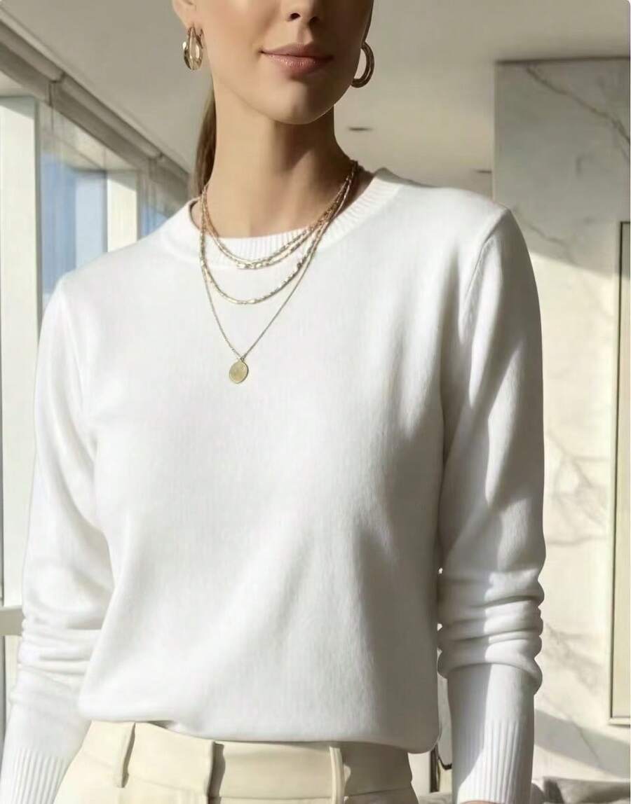 WOMEN'S LONG SLEEVE KNITTING BLOUSE WINTER BASIC ROUND NECK SWEATSHIRT - 白色 - 查看 1