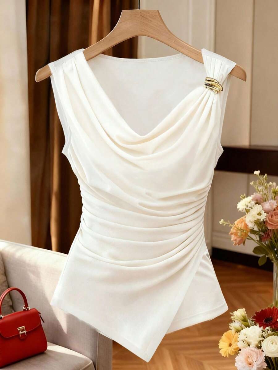 女士褶裥垂褶领口不对称下摆T恤，春夏款 - 白色 - 查看 1