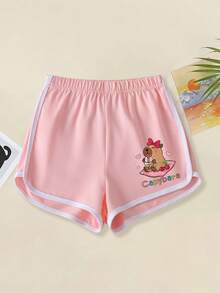 2件套少女休闲创意可爱水豚印花T恤+短裤套装，夏季假日 - 粉色 - 查看 7