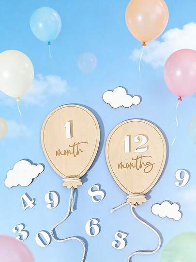 Wooden Balloon Milestone Sign Set, Interchangeable Milestone Card Set, Double-Sided Baby Milestone Birth Announcement Board, Baby Monthly Growth Record Markers, Newborn 1-12 Months Photo Props, Boy Girl Balloon Milestone Signs, Numeric Month Growth Commemoration Photography Props