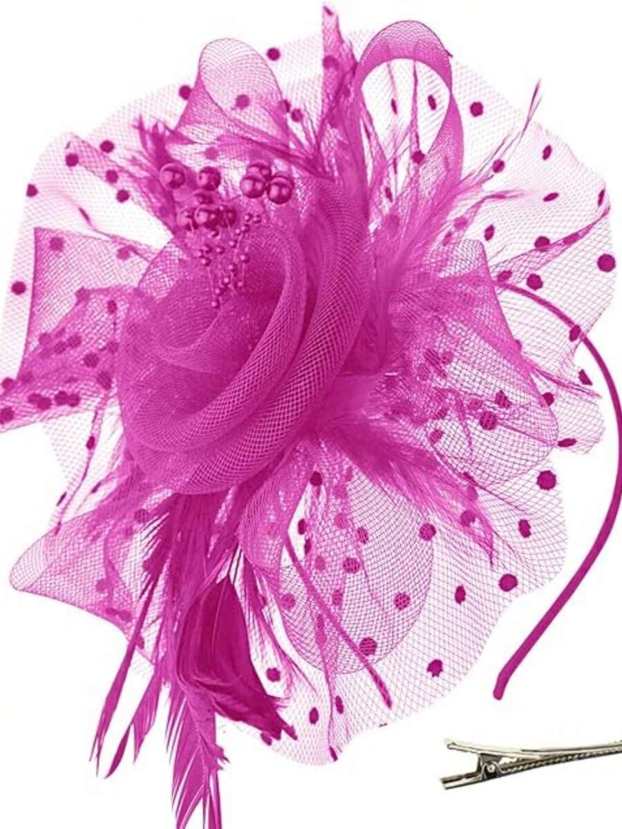 1 pieza Sombrero con velo para fiesta de té de damas estilo años 20 y 50, tocado elegante y de moda - Rosa Fucsia - Ver 1