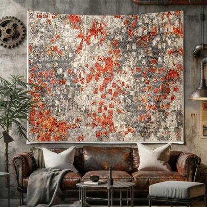 Modern Boho Abstract Wall Tapestry - Orange & Gray Horizontal Hanging Art, Lightweight Durable Fabric Suitable For Living Room, Bedroom - Neutral Bohemian Decor For Home Interior Design, Warm & Cool Tones