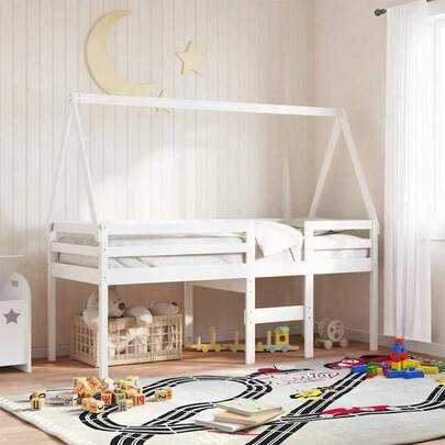 Kids Canopy Bed White Wooden House Frame Twin Single Bunk Bed With Roof - Solid Pine Wood 209x95.5x88 Cm Playful Children's Bedroom Furniture For Boys Girls