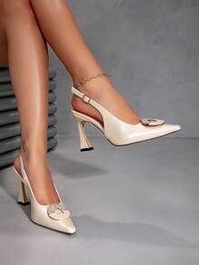 Women's New Pointed Toe Crystal Embellished Hollow Back High Heel Shoes, Elegant For Party And Commute, Versatile - Apricot - View 2