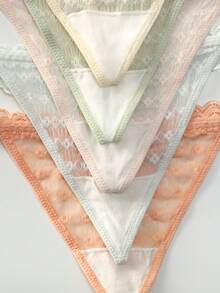 5件装，女士纯色蕾丝拼接低腰丁字裤，心形腰带半透明蕾丝内裤，性感高弹时尚家居派对通用丁字裤，多色组合丁字裤套装 - 彩色 - 查看 7