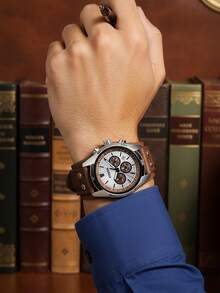 Fossil 男士石英计时腕表，圆形表盘，棕色皮表带，三眼显示，商务休闲风格，适合日常佩戴和作为礼物 - 棕色 - 查看 8