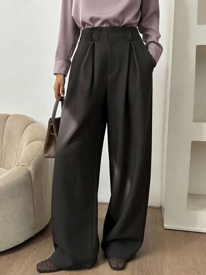 Livesso Women's Pleated Wide Leg Pants, Elegant Loose Solid Color Trousers For Spring & Autumn
