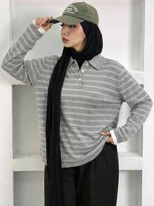 Livesso Women's Loose Fit Contrast Striped Polo Collar Long Sleeve Casual Knit Sweater, Spring/Autumn - Grey - View 4