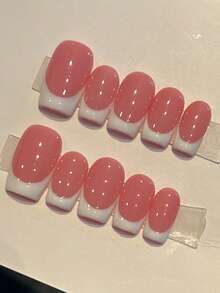 10片手工可重复使用全覆盖美甲贴纸 - 方形短款至中款法式尖头，粉白亮面按压式美甲贴片，适合女性，通勤和休闲佩戴，简约优雅设计，专业美甲贴片，高品质贴纸。可爱经典的法式美甲，适合女性和女孩日常及派对佩戴，全覆盖假指甲，附赠美甲护理工具，是送给女性和女孩的绝佳礼物。手工按压式美甲贴片 - 彩色 - 查看 5