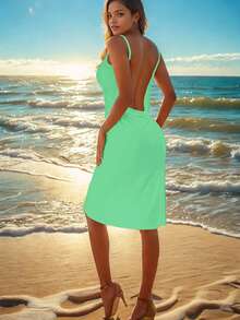 Women's Casual Knit Sleeveless Slip Dress, Regular Length, Suitable For Vacation And Beach Wear, One-Piece Multi-Way Dress - Cadet Blue - View 4