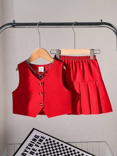 2pcs Baby Girls' Sweet Red Button Sleeveless Vest And Pleated Waist Skirt Set, Newborn Infant Casual Chic Outfit For Spring/Summer, Suitable For Daily, Home, Travel