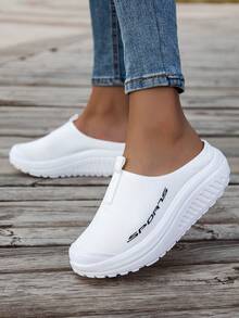 Baotou Slip-On Summer Mesh Breathable Lazy One-Piece Slip-On Half-Shoes With Anti-Slip Function For Outdoor Wear, Sporty Casual Women's Sandals, Beach Women's Shoes, Thick-Soled Canvas Shoes, Black And White Colors. Outdoor Anti-Slip Sport Sandals And Slippers. - White - View 6