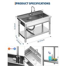 Fregadero de acero inoxidable, 90 cm de ancho x 60 cm de profundidad x 80 cm de alto, de una sola cubeta, independiente, con salidas de agua fría y caliente, para uso en interiores y exteriores, ideal para cocina y lavandería. - Azul y blanco - Ver 3