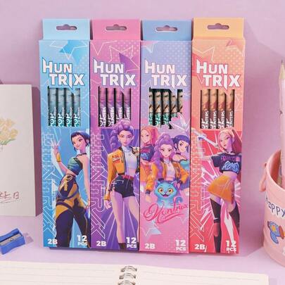 1 Box Kpop Cartoon Witch Girl Group Themed Wooden Pencils & Erasers, Assorted Styles For Students & Kindergarten