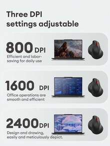 Lenovo 联想T50pro人体工学无线垂直鼠标，静音按键，3级2400DPI调节，无线或2.4G稳定连接，办公鼠标，笔记本电脑鼠标，台式电脑鼠标，平板电脑鼠标 - 黑色 - 查看 10