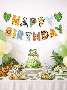 一套丛林动物主题生日派对横幅，卡通动物图案生日拉旗，丛林主题生日派对背景悬挂装饰，生日派对墙面装饰横幅，生日派对用品，丛林动物生日派对装饰，家居墙面装饰，生日派对礼物 - 動物 - 查看 10
