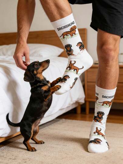 1双男女通用卡通狗图案中筒袜，时尚百搭休闲袜，适合情侣、运动和户外活动，四季皆宜