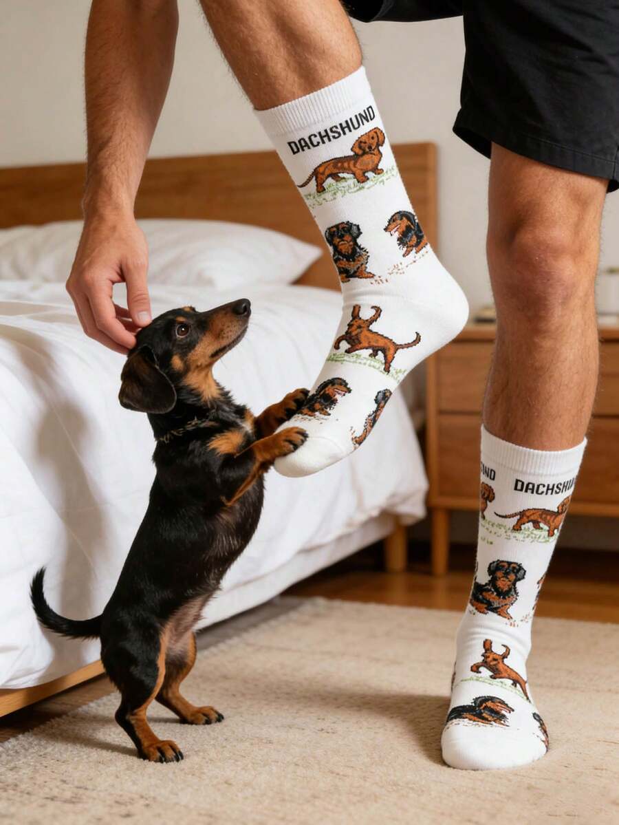 1 Pair Unisex Cartoon Dog Pattern Mid-Calf Socks, Fashion Versatile Casual Socks, Suitable For Couples, Sports & Outdoor, All Season - Multicolor - View 1