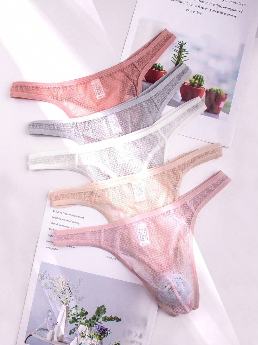 5-Piece Men's Sexy Lace Thong, Fashionable Lace Printed See Through Mesh Hollowed Out Bikini Triangle, Comfortable, Breathable, Elastic Low Waist Underwear, Suitable For Daily And Special Occasions - 混合色 - 查看 1