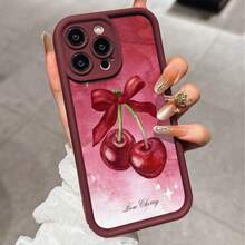 酒红色复古甜美渐变蝴蝶结樱桃TPU加厚防震手机壳，兼容 15 Pro Max、16、16 Plus、15、14、13、12、11、XS、XR、X、7、8 Plus、Pro Max、13 Pro Max、17、17 Pro Max、15 Plus，女士理想礼物 - 酒紅色 - 查看 1