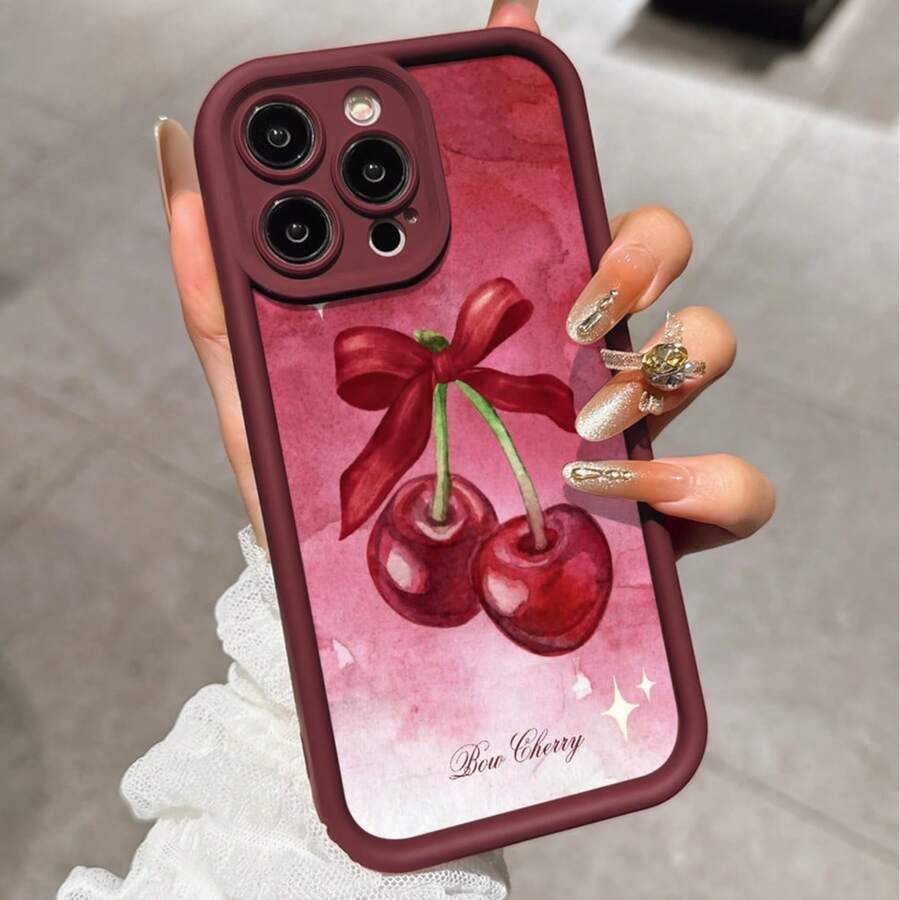 酒红色复古甜美渐变蝴蝶结樱桃TPU加厚防震手机壳，兼容 15 Pro Max、16、16 Plus、15、14、13、12、11、XS、XR、X、7、8 Plus、Pro Max、13 Pro Max、17、17 Pro Max、15 Plus，女士理想礼物 - 酒紅色 - 查看 1