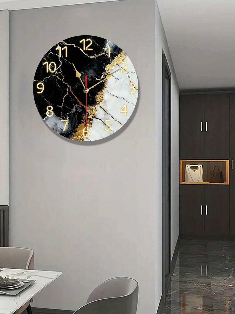 2D Flat Fashion Minimalist Silent Quartz Wall Clock, Black And White Marble Texture Round Wall Clock With Golden Accents, Luminous Numbers, Modern Style, 11.81x11.81 Inches/30x30cm Wooden Round Design, Stylish And Durable, Suitable For Home, Office - Multicolor - View 1