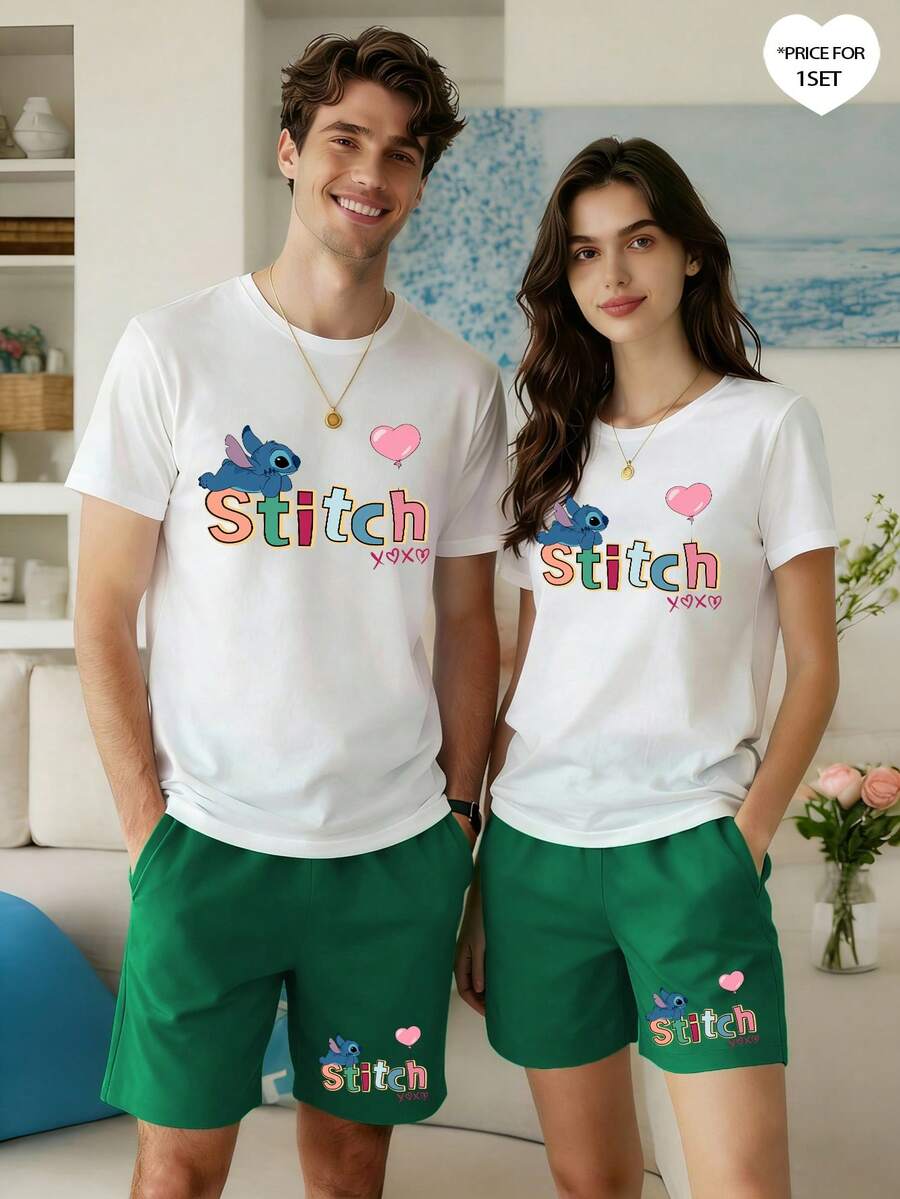 Disney 2pcs Stitch Print Men's Casual Homewear Set, Includes Round Neck Top And Shorts, Suitable For Spring/Summer - Green - View 1